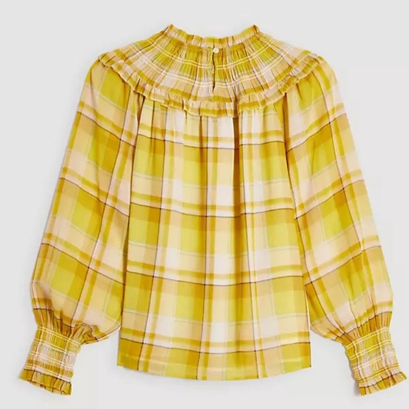 Ann Taylor Women’s Med Blouse Top Smocked Plaid Romance Victorian Academia Sheer - Picture 2 of 14